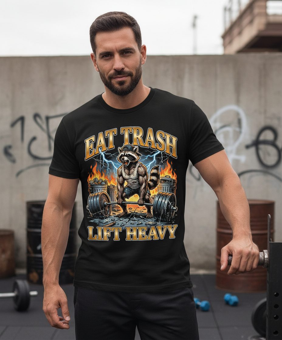 Eat Trash Lift Heavy raccoon T-Shirt Black lifestyle mockup
