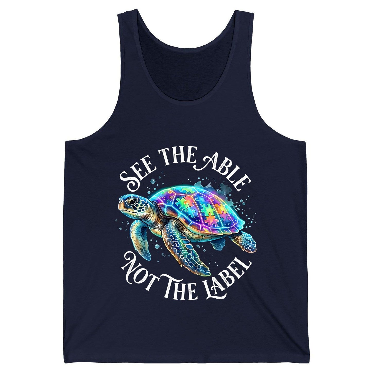See the Able Not the Label Autism Awareness Tank Top - product mockup - Navy