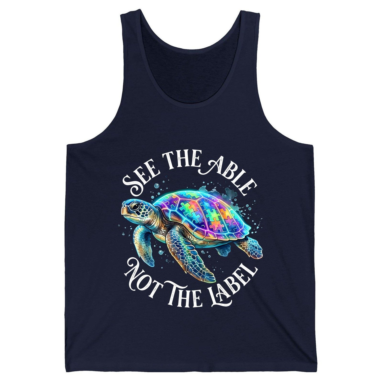 See the Able Not the Label Autism Awareness Tank Top - product mockup - Navy