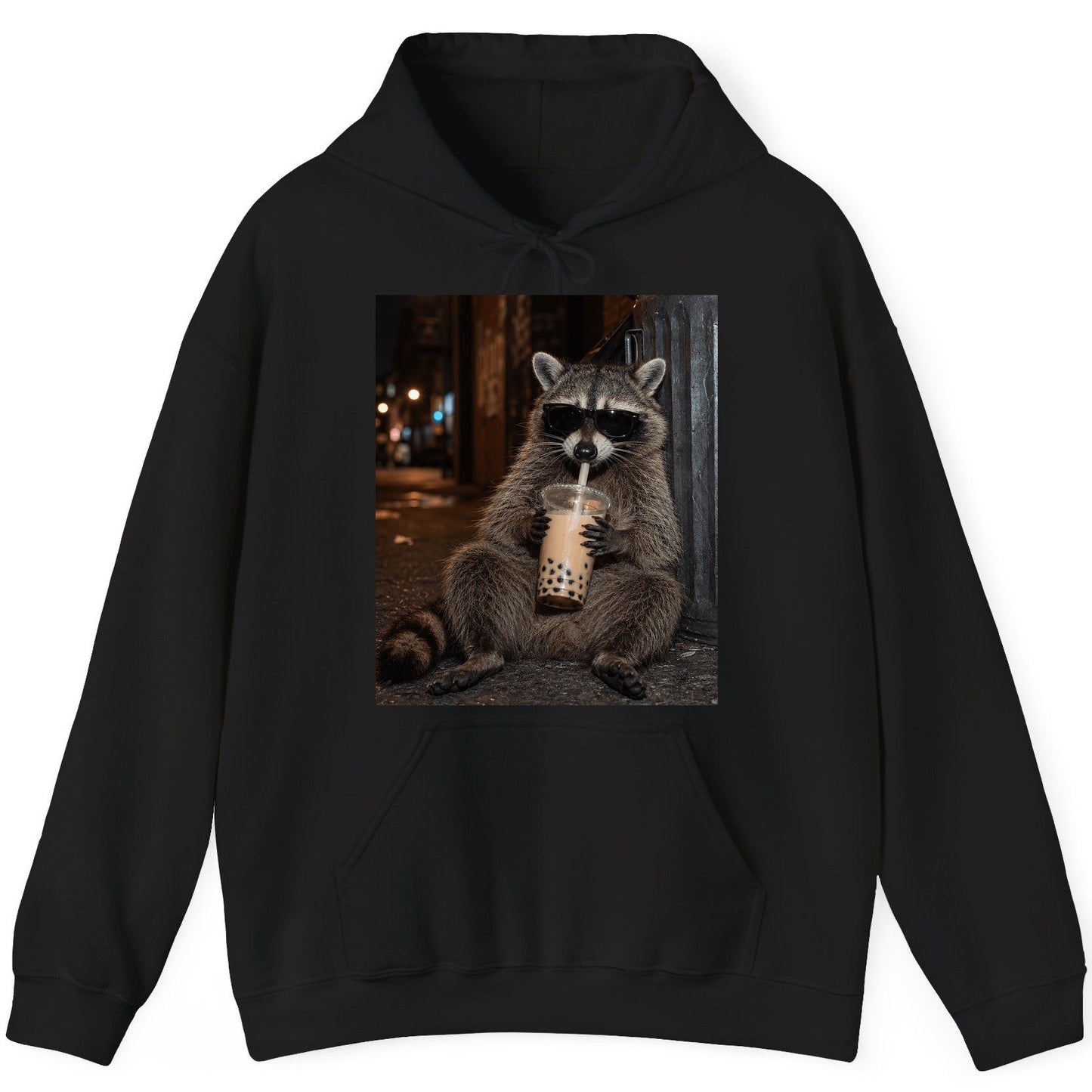 Cool Raccoon Bubble Tea Funny Lovers Hoodie - product mockup - Black