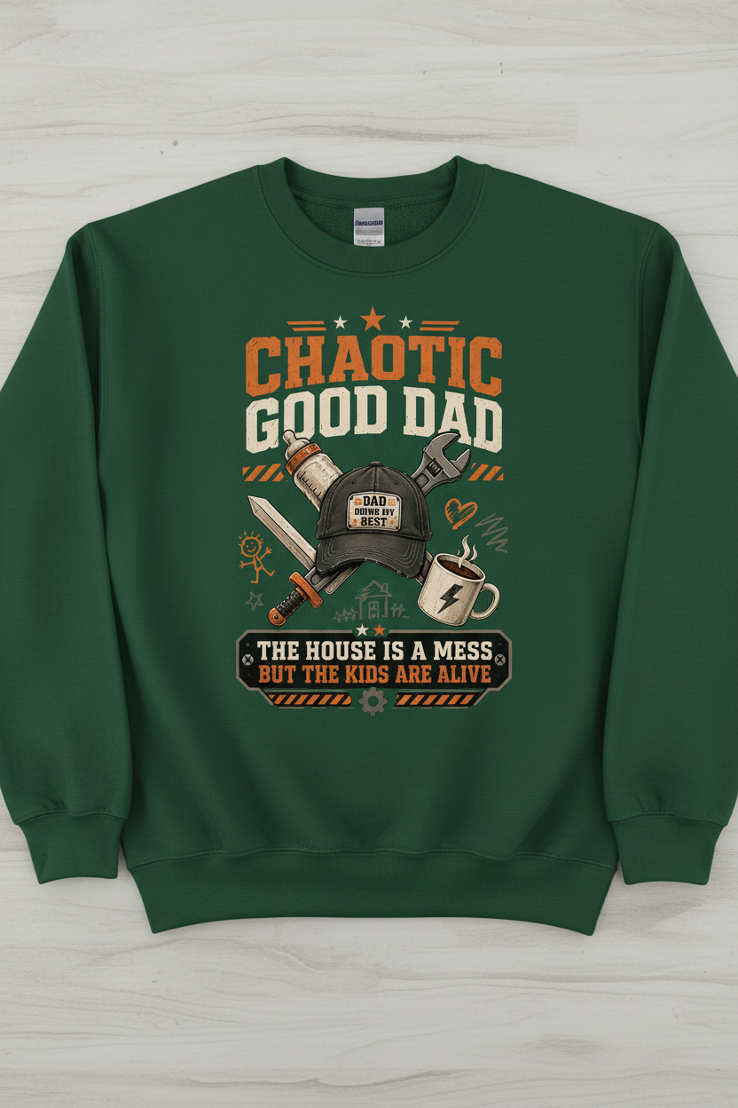 Chaotic Good Dad. The House Is A Mess But The Kids Are Alive. Funny Chaotic Good Dad Sweatshirt - product mockup - Forest Green