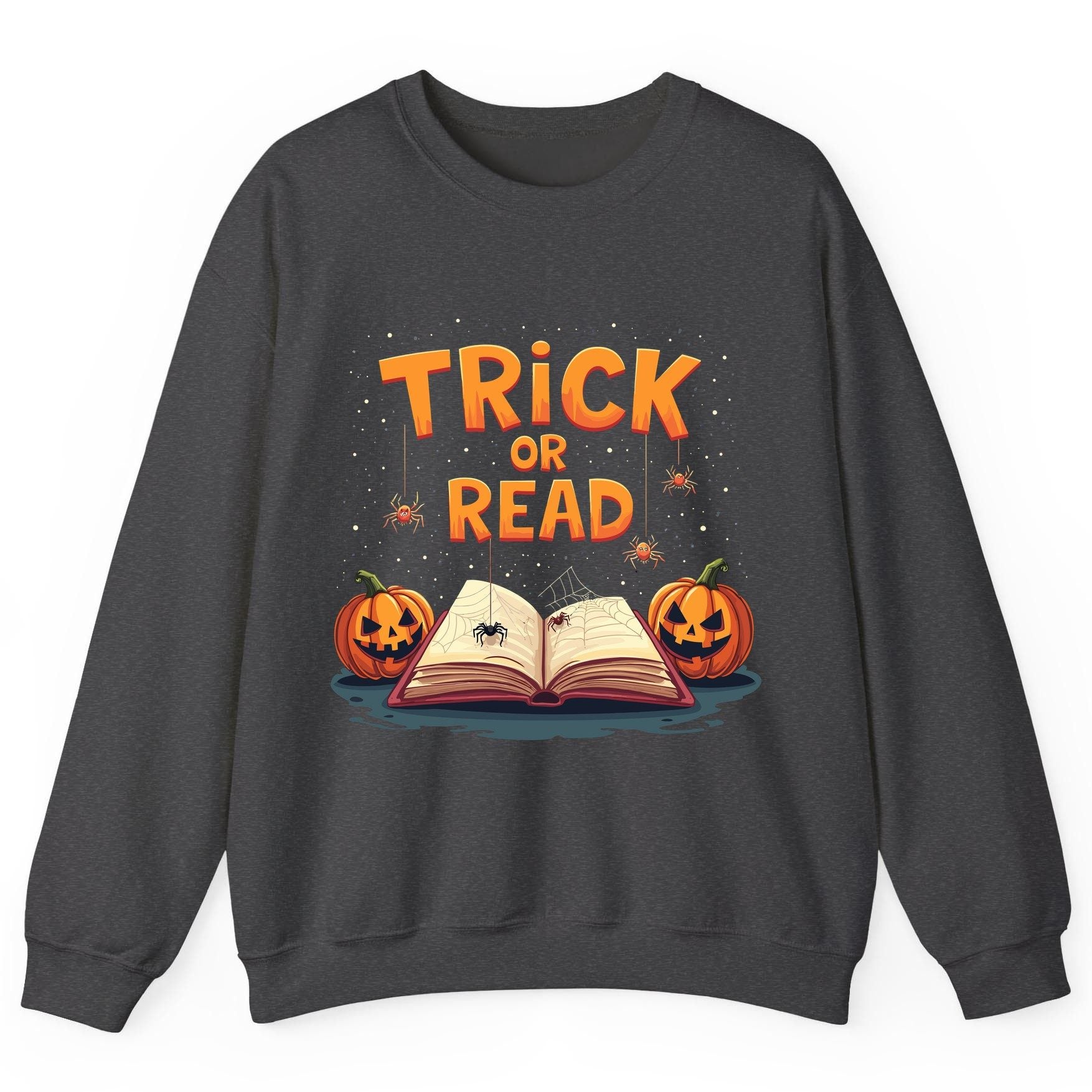Trick or Read Halloween Sweatshirt Dark Heather product mockup