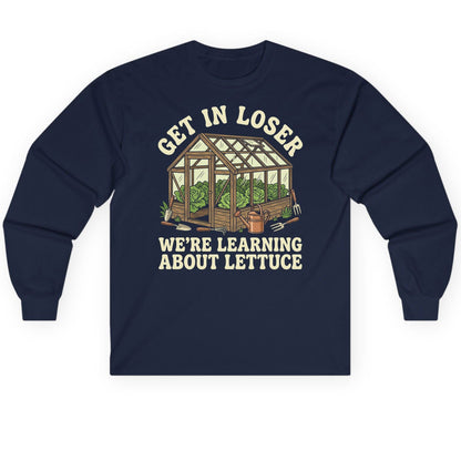 GET IN LOSER WE'RE Learning ABOUT Lettuce Long Sleeve Tee - product mockup - Navy