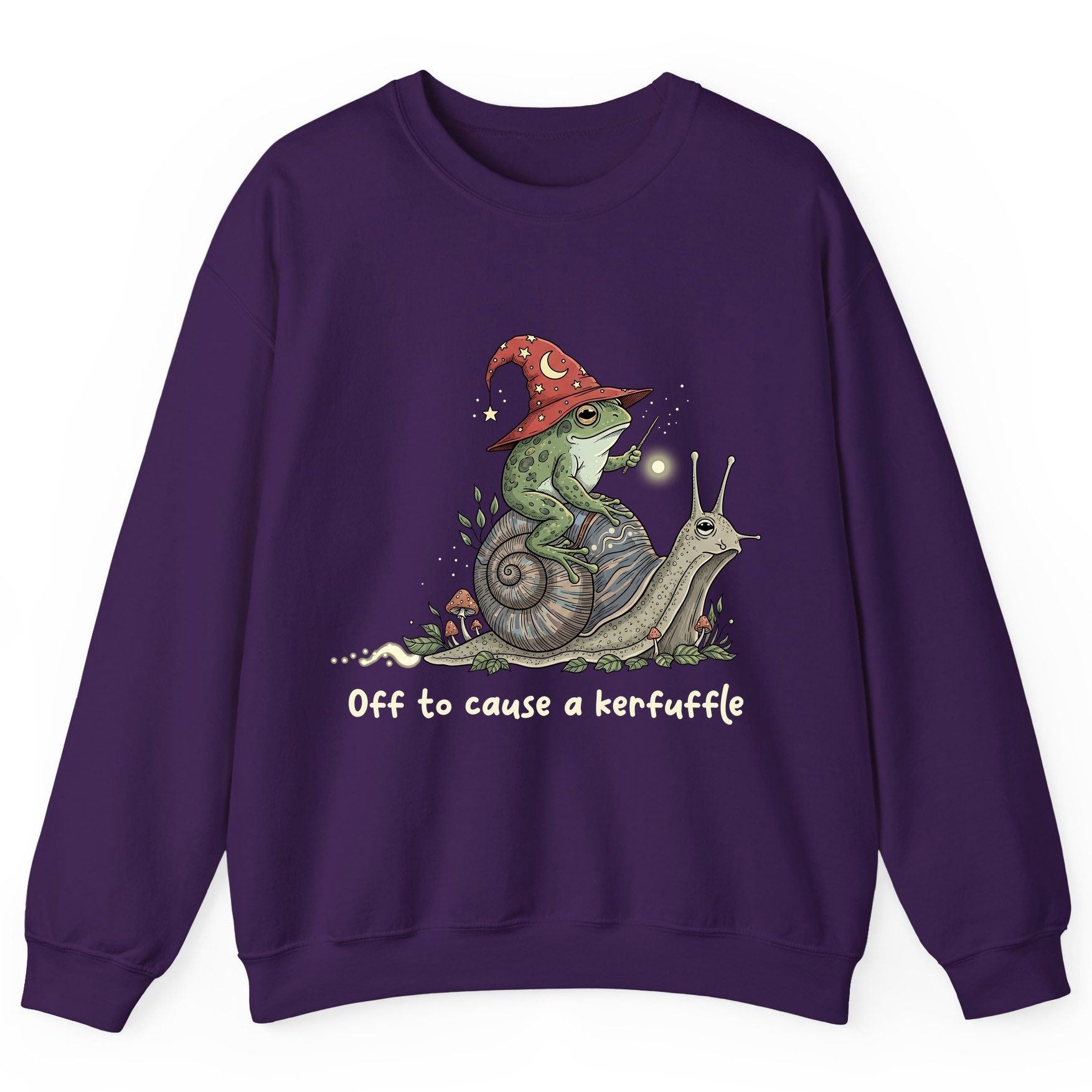 Off to Cause a Kerfuffle wizard frog Sweatshirt Purple product mockup