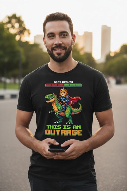 THIS IS AN OUTRAGE Cat riding a dinosaur T-Shirt Black lifestyle mockup