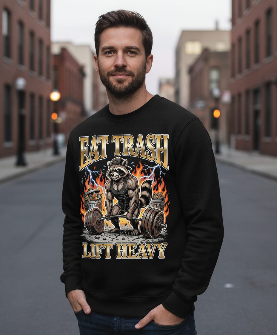 Eat Trash Lift Heavy weightlifting raccoon Sweatshirt Black lifestyle mockup
