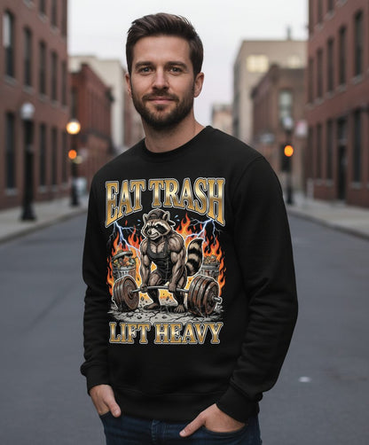 Eat Trash Lift Heavy weightlifting raccoon Sweatshirt Black lifestyle mockup