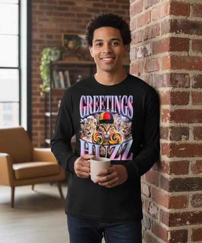 Greetings Huzz Funny Cats Long Sleeve Tee - lifestyle model mockup - Black