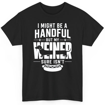 I Might Be a Handful but My Weiner Sure Isn't dachshund T-Shirt Black product mockup