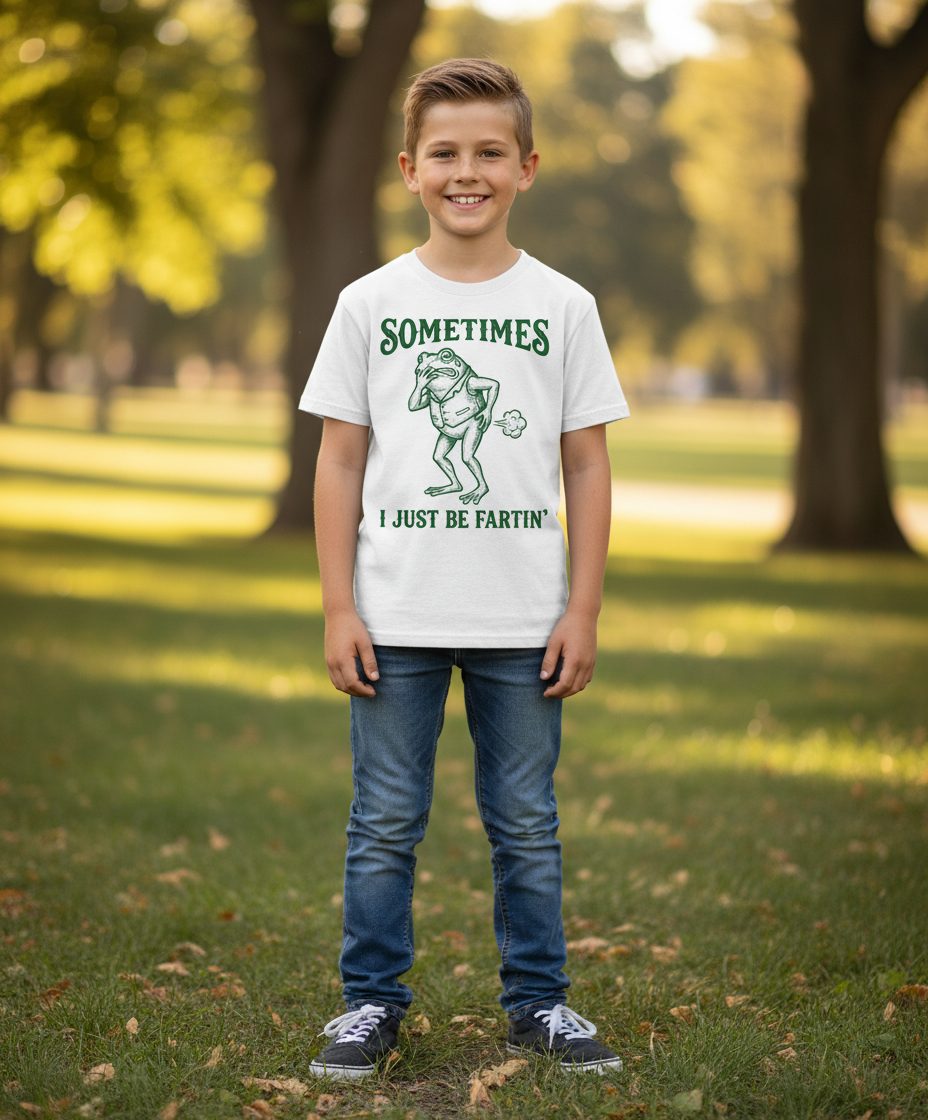 Sometimes I Just Be Fartin' farting frog Youth T-Shirt White lifestyle mockup
