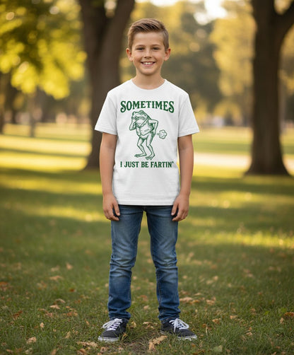 Sometimes I Just Be Fartin' farting frog Youth T-Shirt White lifestyle mockup
