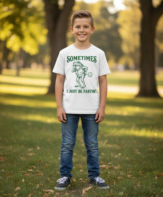 Sometimes I Just Be Fartin' farting frog Youth T-Shirt White lifestyle mockup