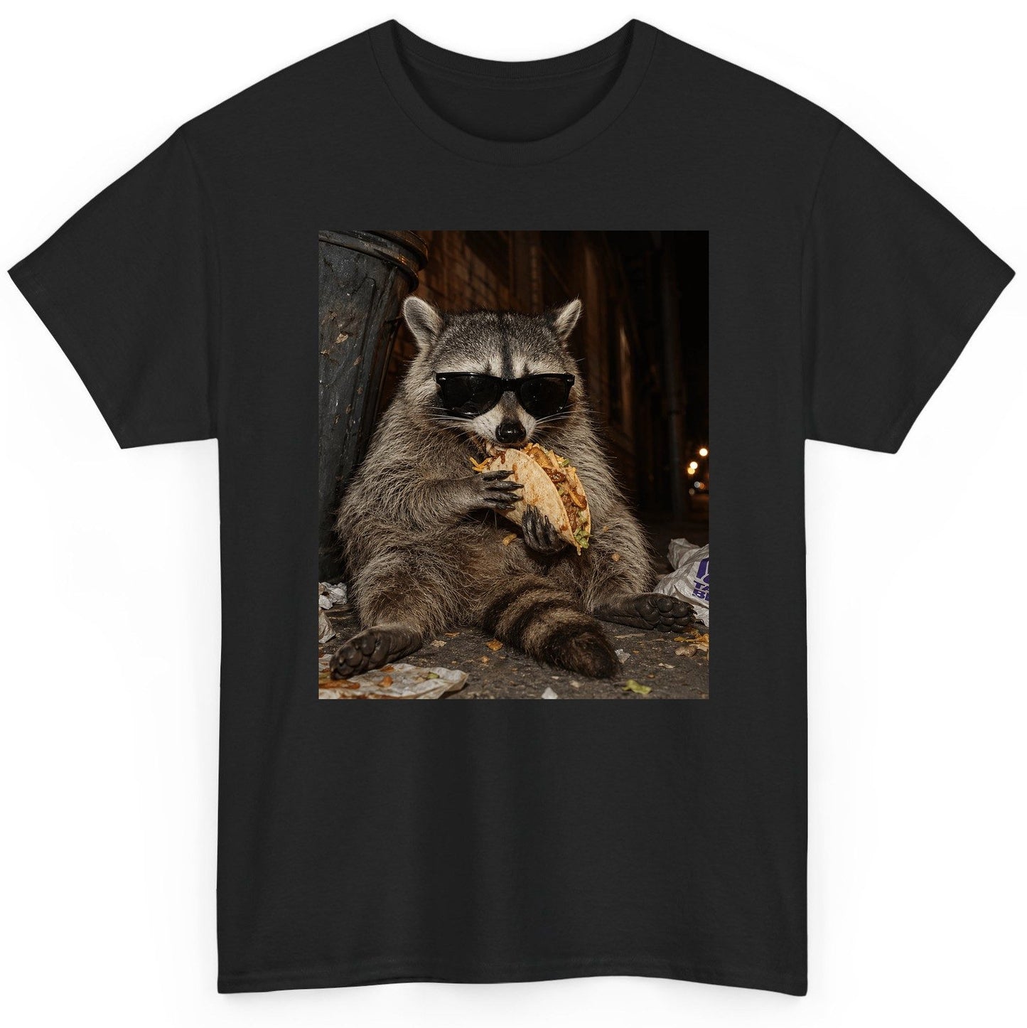 Raccoon Eating Taco Funny Animal Lovers T-Shirt - product mockup - Black