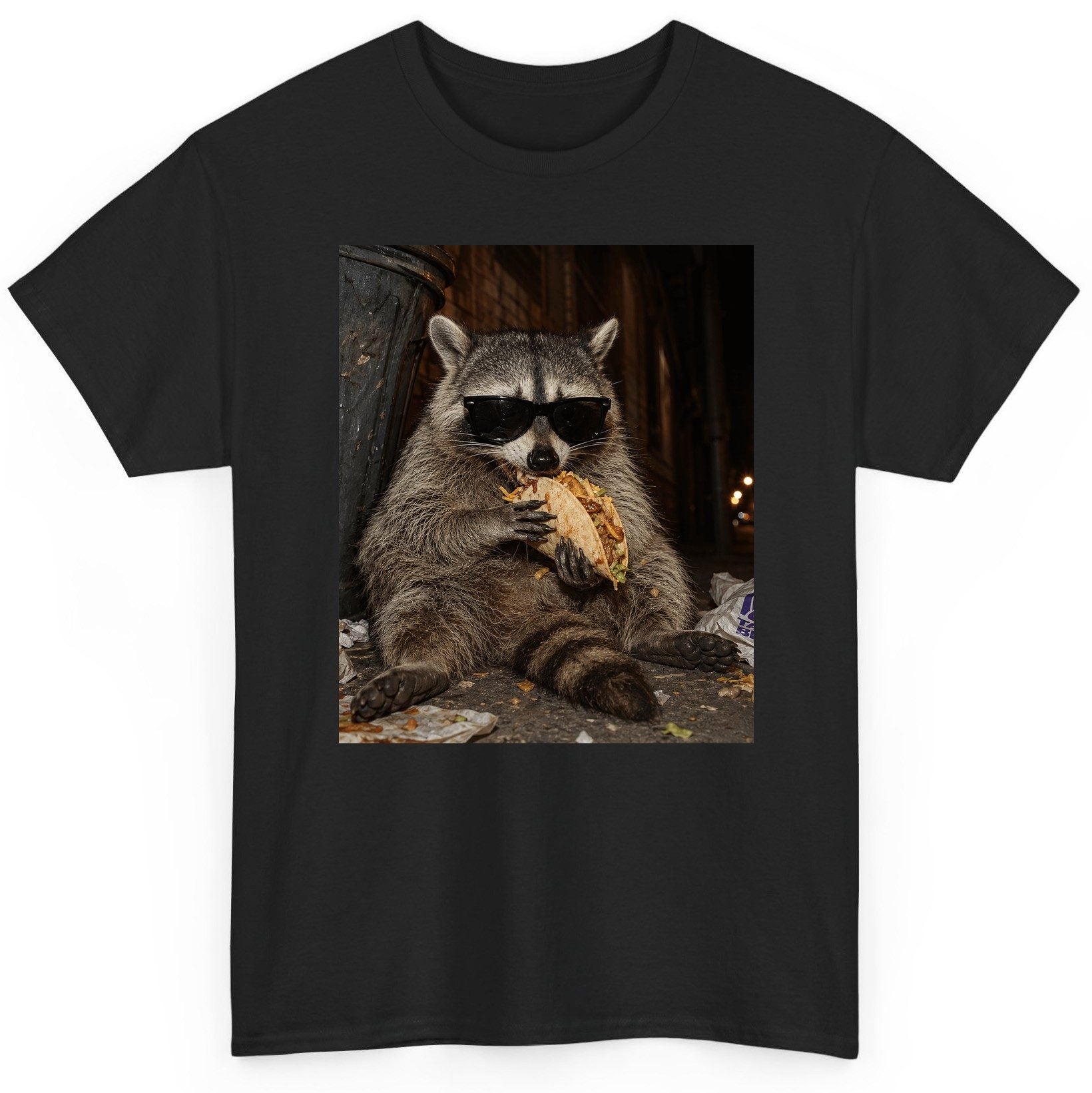 Raccoon Eating Taco Funny Animal Lovers T-Shirt - product mockup - Black
