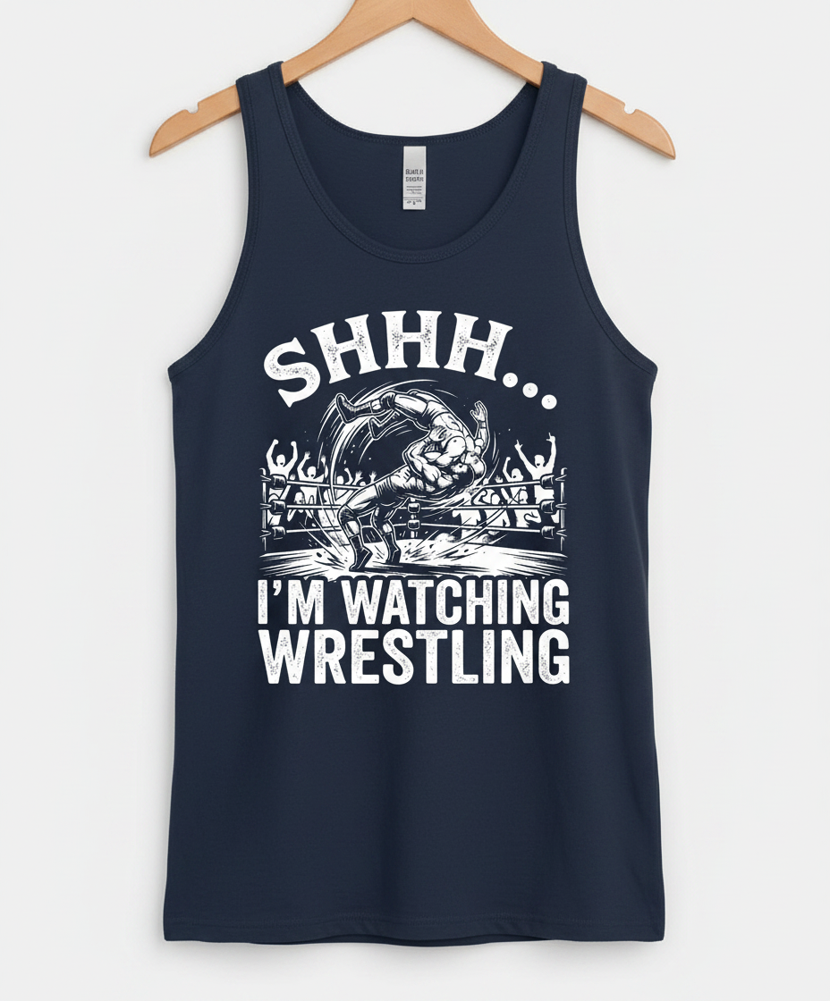 Shhh I'm Watching Wrestling Funny Fan Design Tank Top - Navy