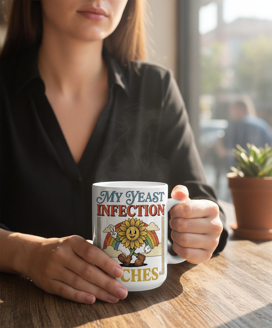 My Yeast Infection Itches Funny Sunflower White Mug - lifestyle model mockup - White