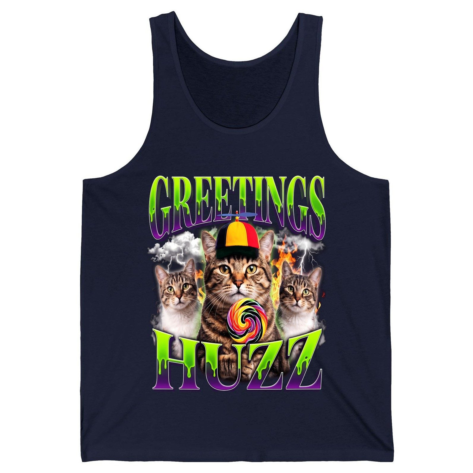 Greetings HUZZ Funny Cat Tank Top - product mockup - Navy