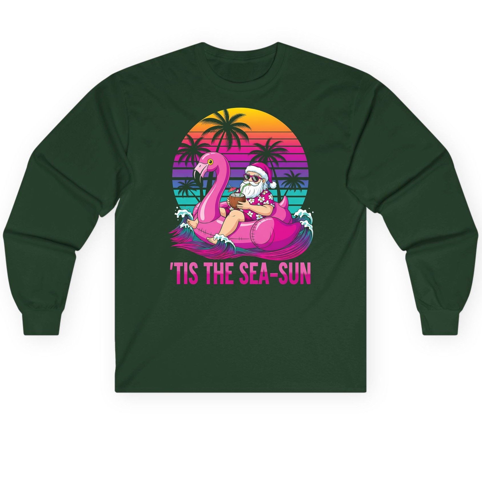 'Tis the Sea-Sun tropical santa claus Long Sleeve Tee Forest Green product mockup