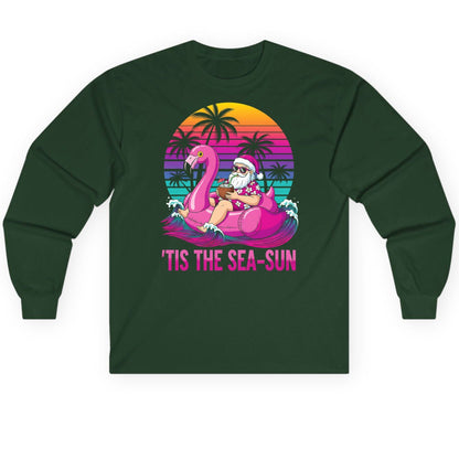 'Tis the Sea-Sun tropical santa claus Long Sleeve Tee Forest Green product mockup