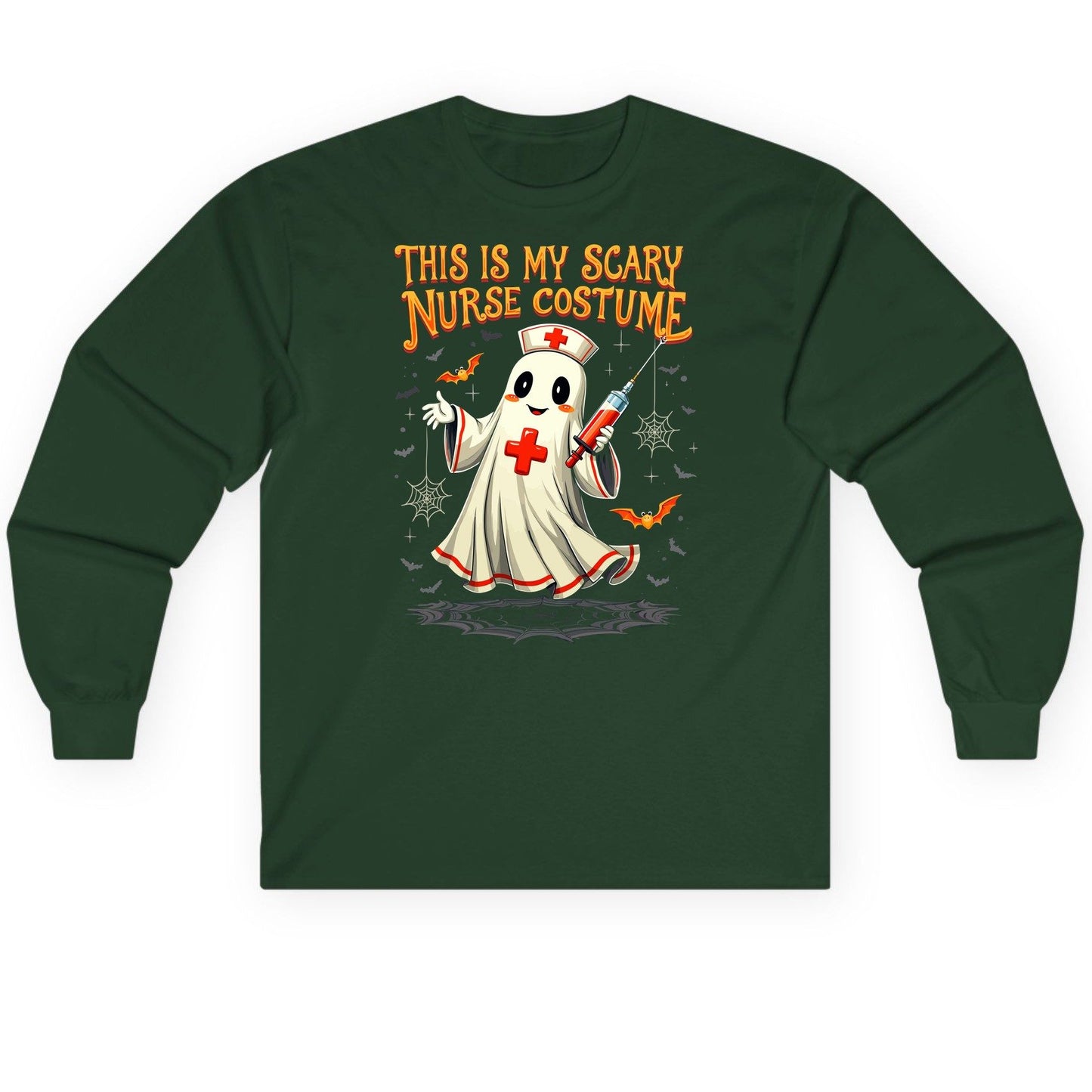This Is My Scary Nurse Costume Halloween ghost nurse Long Sleeve Tee Forest Green product mockup