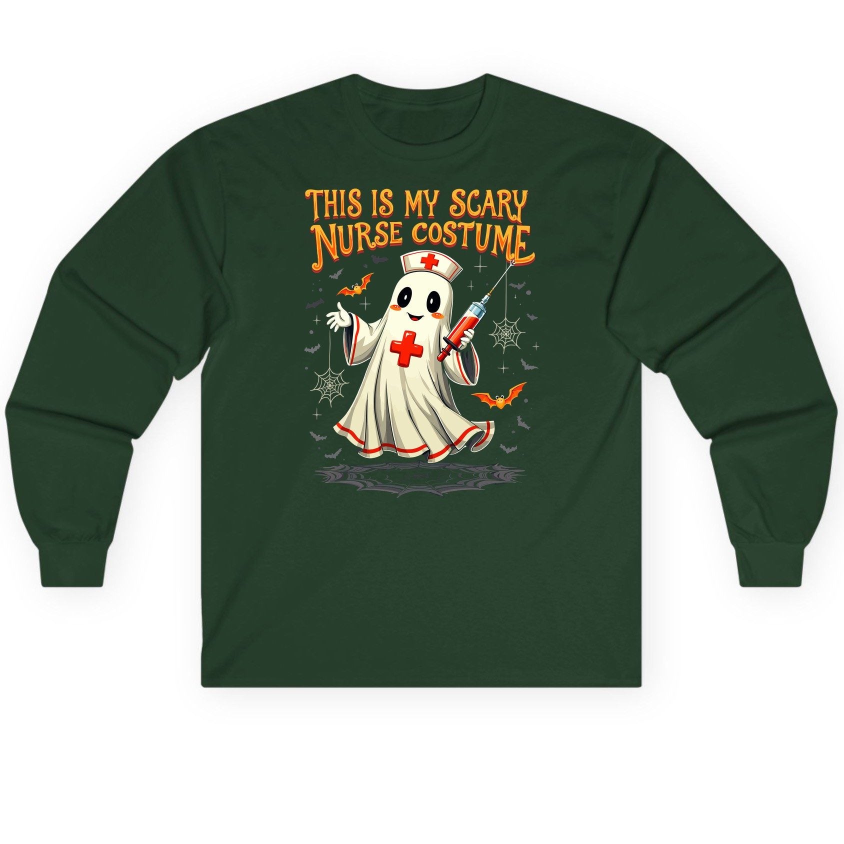 This Is My Scary Nurse Costume Halloween ghost nurse Long Sleeve Tee Forest Green product mockup