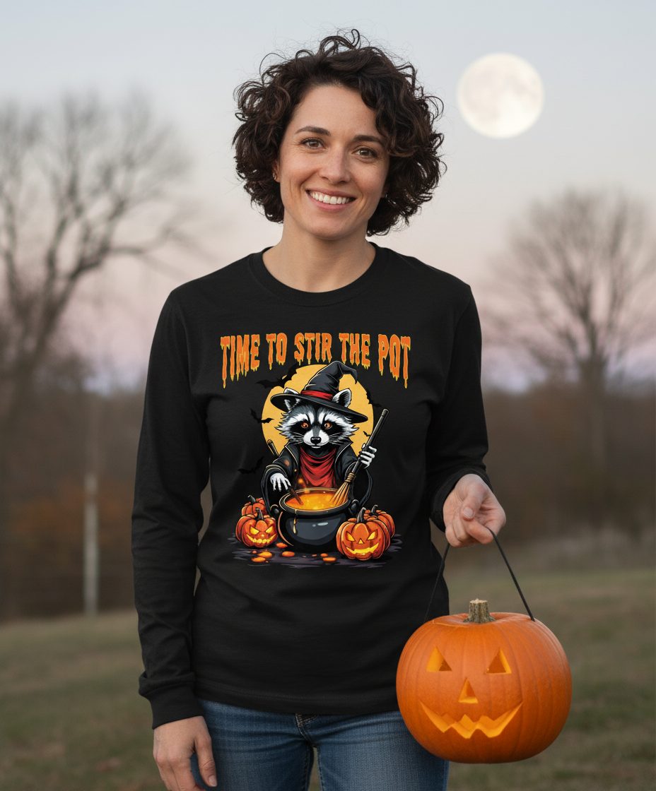Time to Stir the Pot Halloween raccoon Long Sleeve Tee Black lifestyle mockup