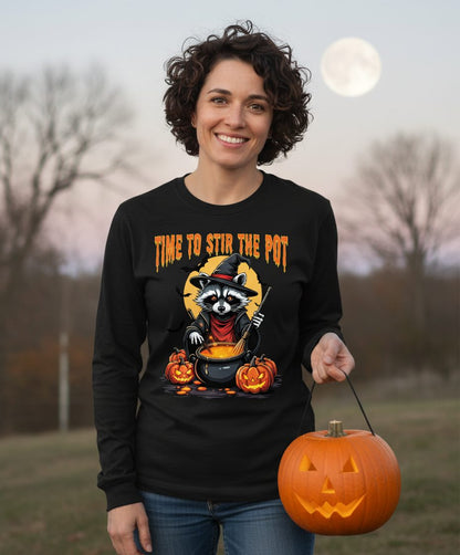 Time to Stir the Pot Halloween raccoon Long Sleeve Tee Black lifestyle mockup