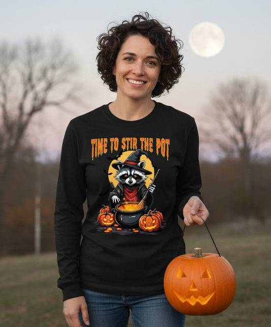 Time to Stir the Pot Halloween raccoon Long Sleeve Tee Black lifestyle mockup