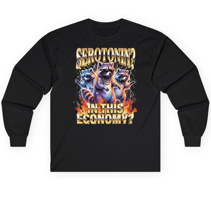 Serotonin in This Economy? raccoon Long Sleeve Tee Black product mockup
