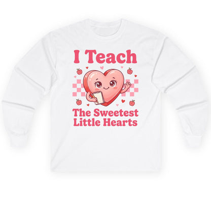 I Teach the Sweetest Little Hearts teacher Long Sleeve Tee White product mockup