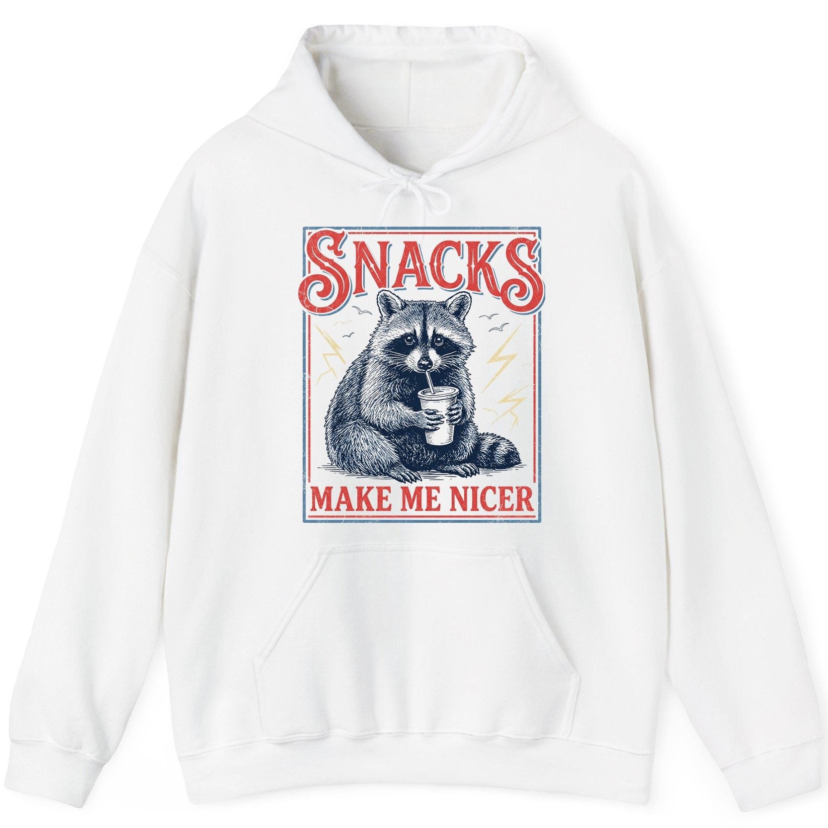 SNACKS MAKE ME NICER Funny Raccoon Hoodie - product mockup - White