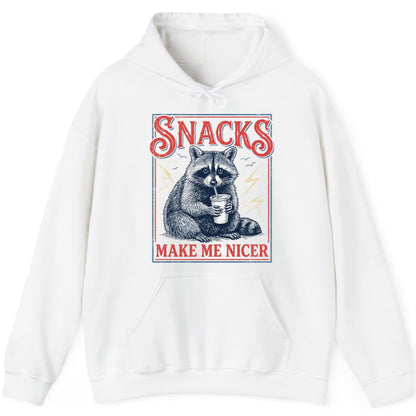 SNACKS MAKE ME NICER Funny Raccoon Hoodie - product mockup - White