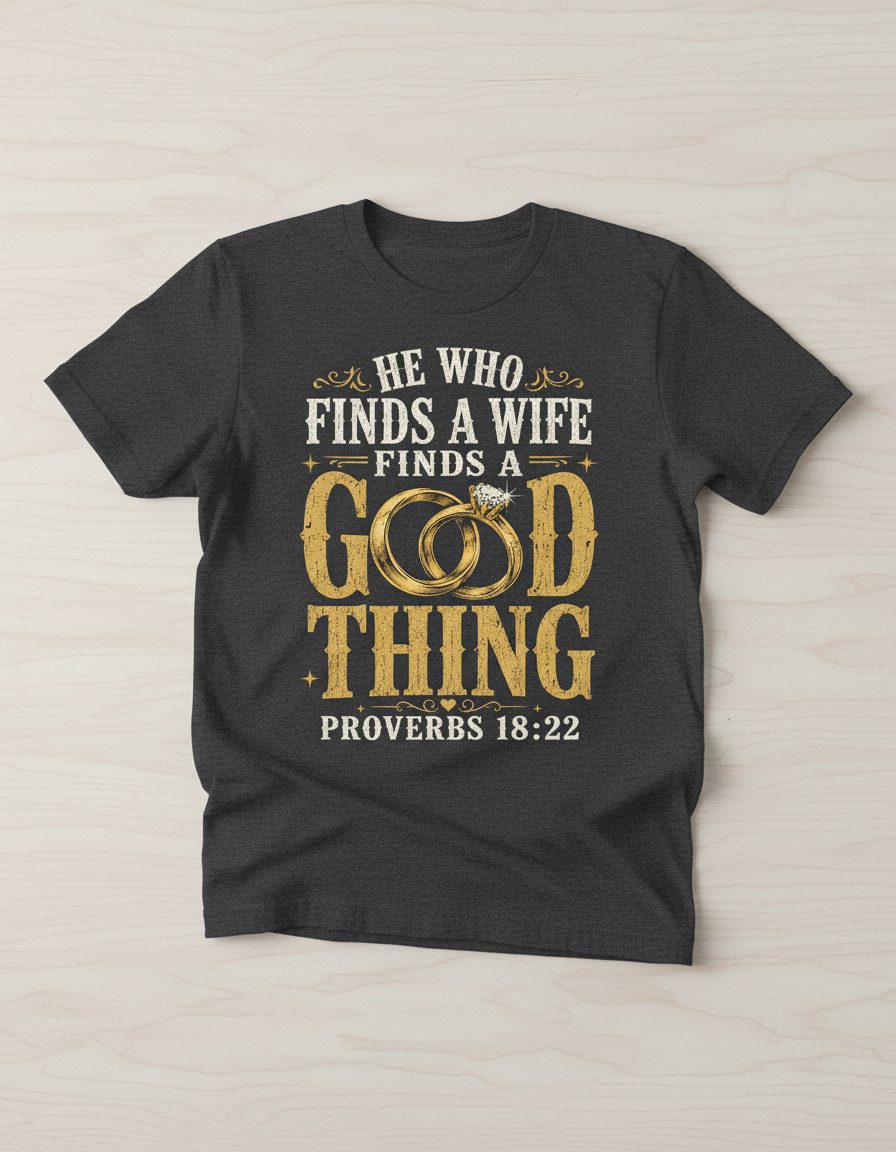 He Who Finds a Wife Finds a Good Thing Proverbs 18 22 T-Shirt - product mockup - Dark Heather