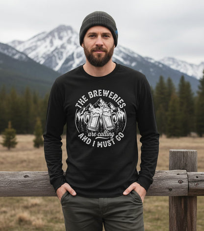 THE Breweries Are Calling AND I MUST GO Long Sleeve Tee - lifestyle model mockup - Black