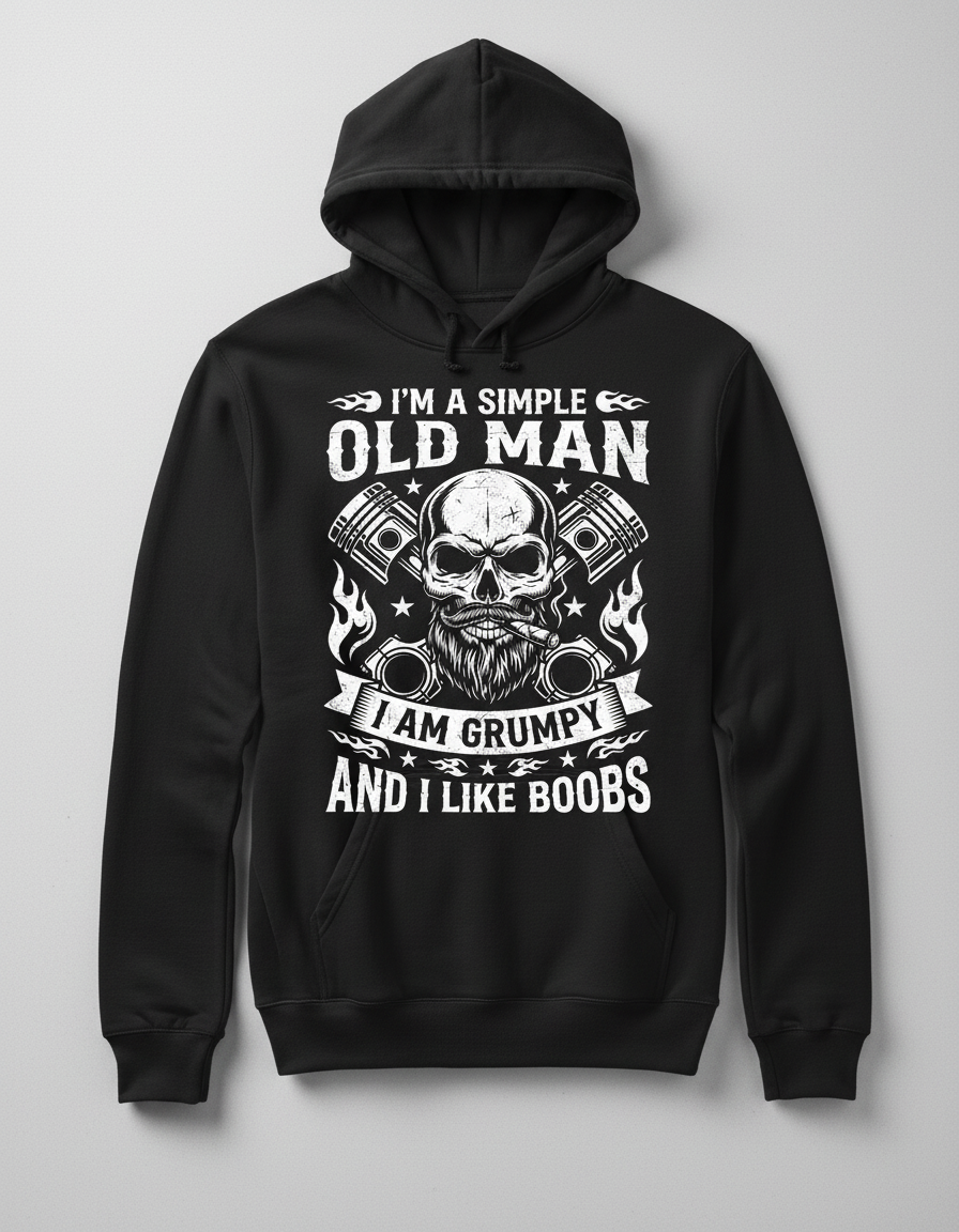 Grumpy Old Man Biker Skull and Pistons Funny Quote Hoodie - Black