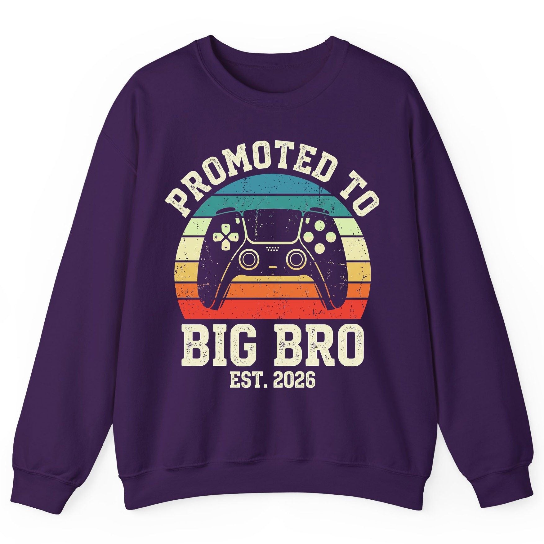 Promoted TO BIG BRO EST 2026 Retro Gaming Sweatshirt - product mockup - Purple