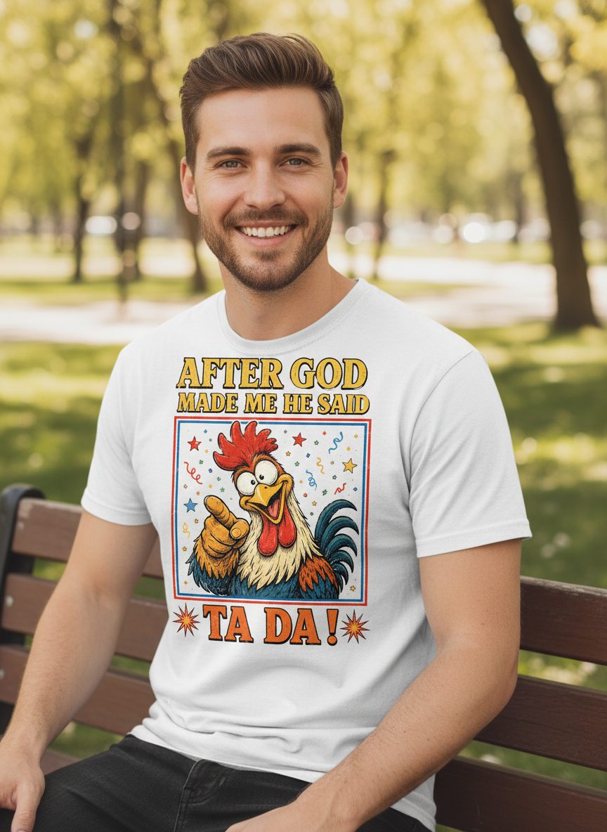 AFTER GOD MADE ME HE SAID TA DA Funny Rooster T-Shirt - lifestyle model mockup - White