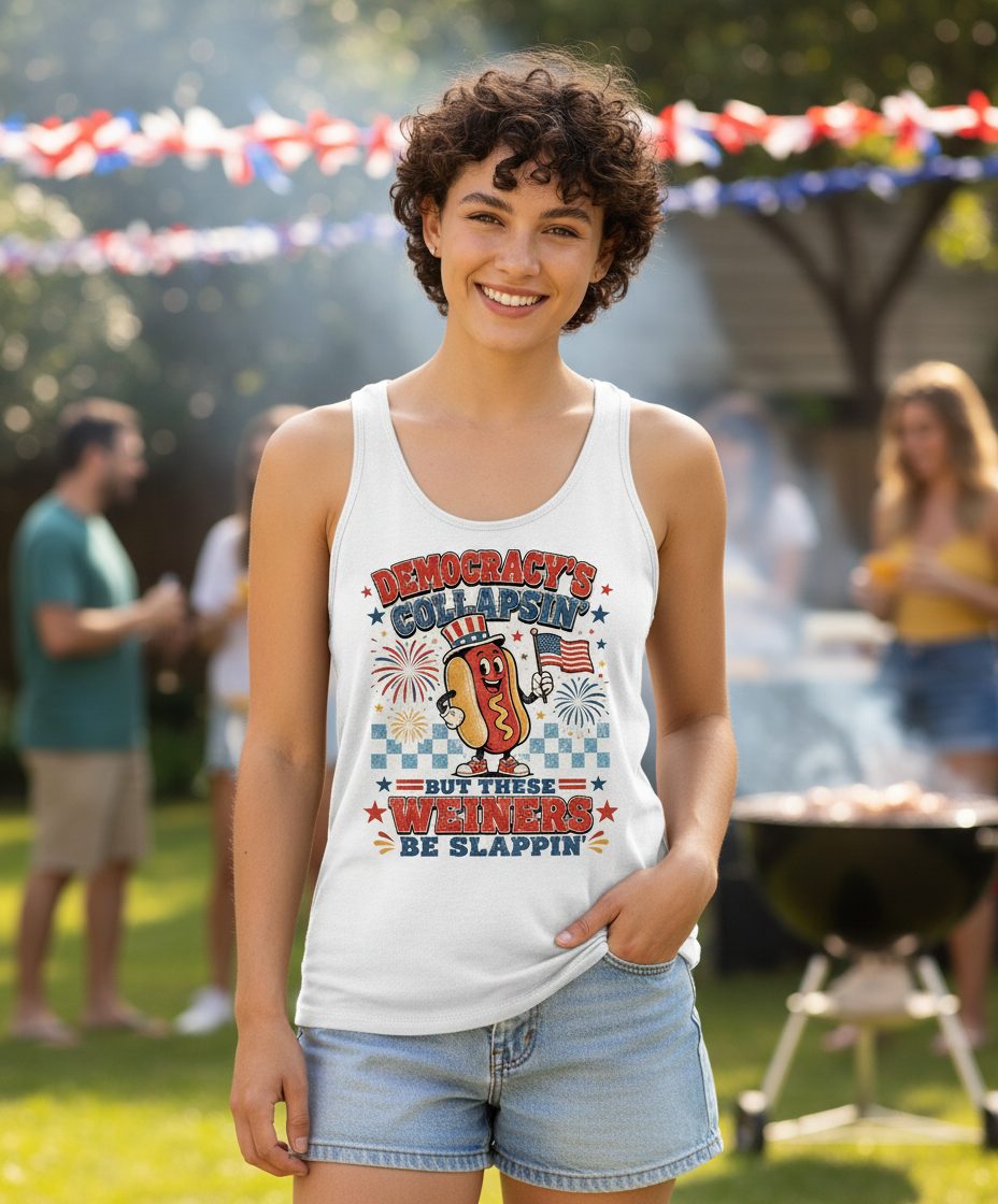 Democracy's Collapsin' but These Weiners Be Slappin' Tank Top - lifestyle model mockup - White