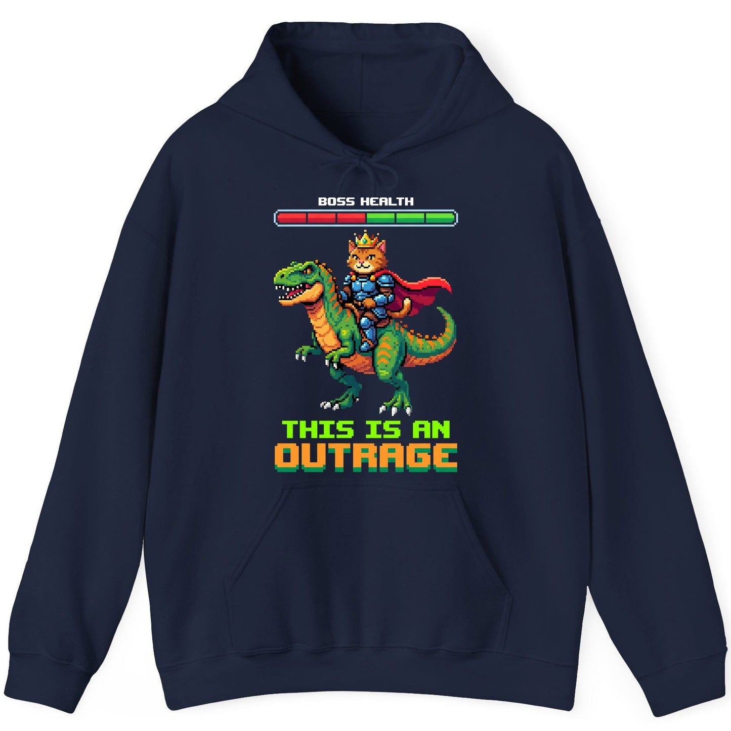 THIS IS AN OUTRAGE Cat riding a dinosaur Hoodie Navy product mockup