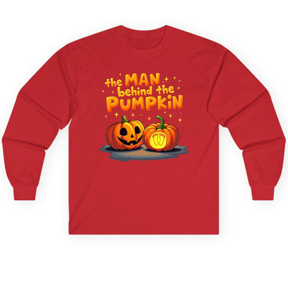 The Man Behind the Pumpkin Halloween pregnancy announcement Long Sleeve Tee Red product mockup