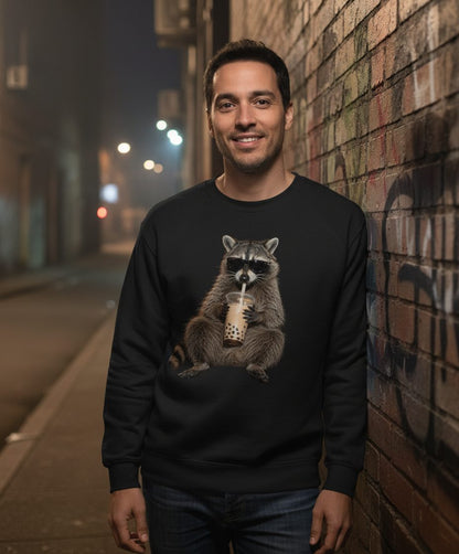 Cool Raccoon Bubble Tea Funny Lovers Sweatshirt - lifestyle model mockup - Black