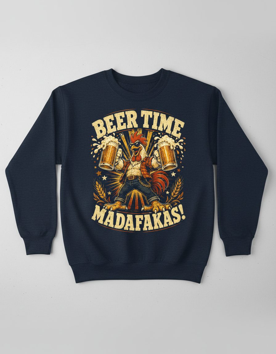 Beer Time Madafakas Funny Rooster Sweatshirt - product mockup - Navy