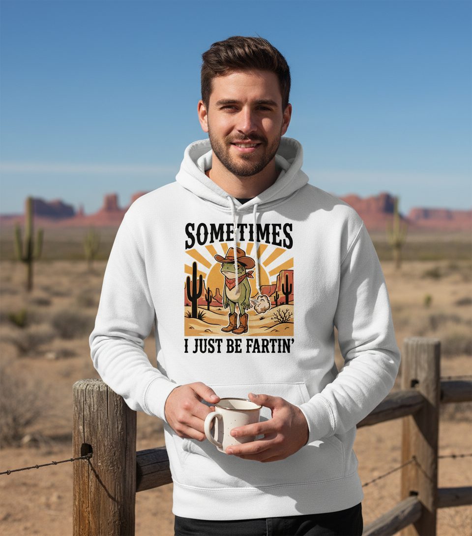 Sometimes It Just Be Fartin' cowboy frog Hoodie White lifestyle mockup