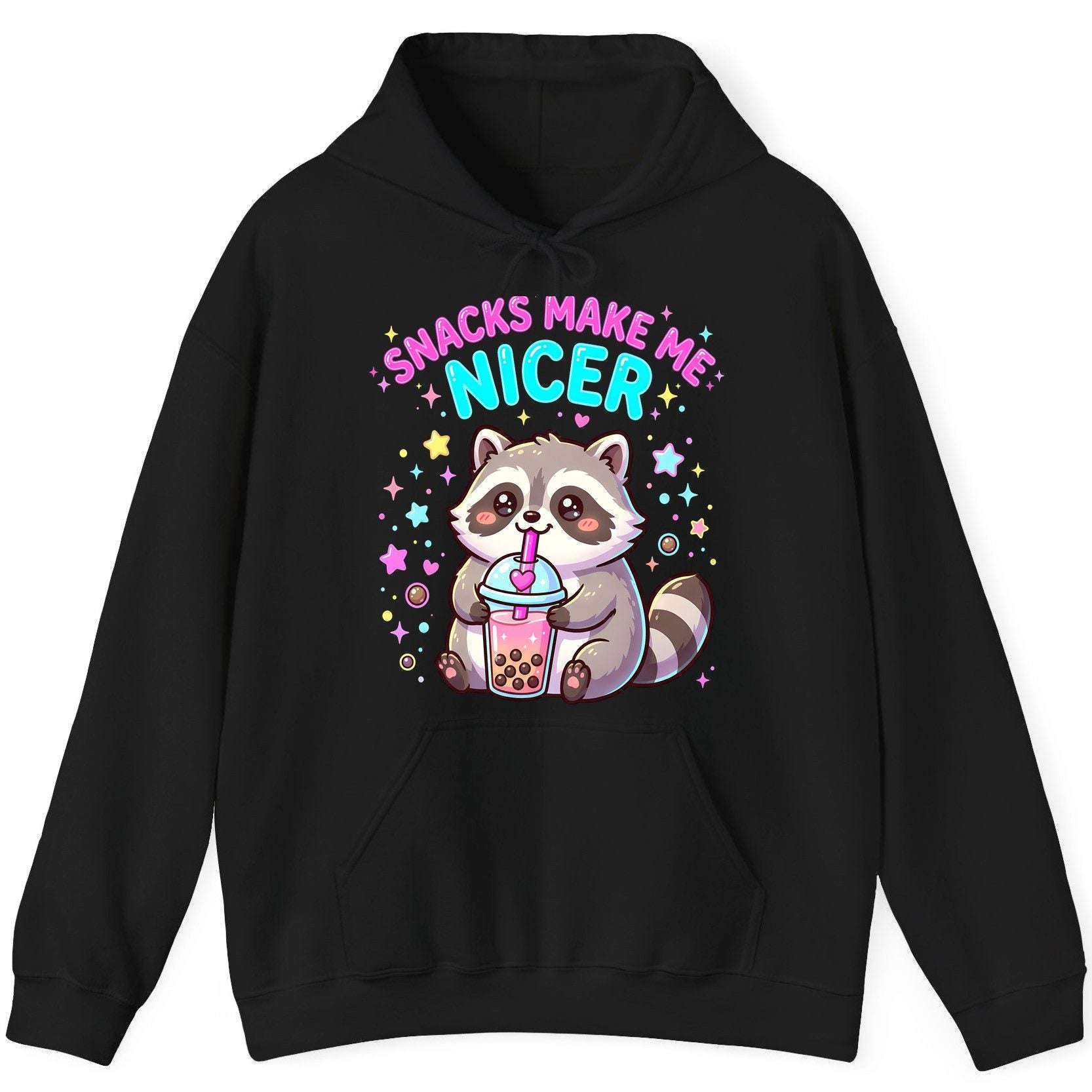 SNACKS MAKE ME NICER Funny Raccoon Hoodie - product mockup - Black