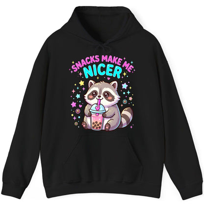 SNACKS MAKE ME NICER Funny Raccoon Hoodie - product mockup - Black