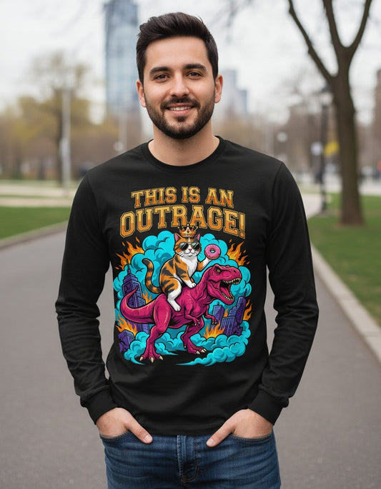 THIS IS AN OUTRAGE! Cat riding a T-Rex Long Sleeve Tee Black lifestyle mockup