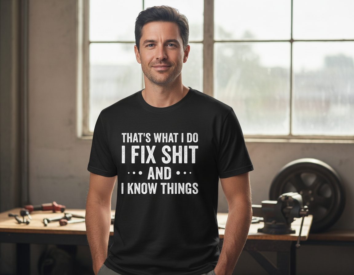 THAT'S WHAT I DO I FIX SHIT AND I KNOW THINGS T-Shirt - lifestyle model mockup - Black