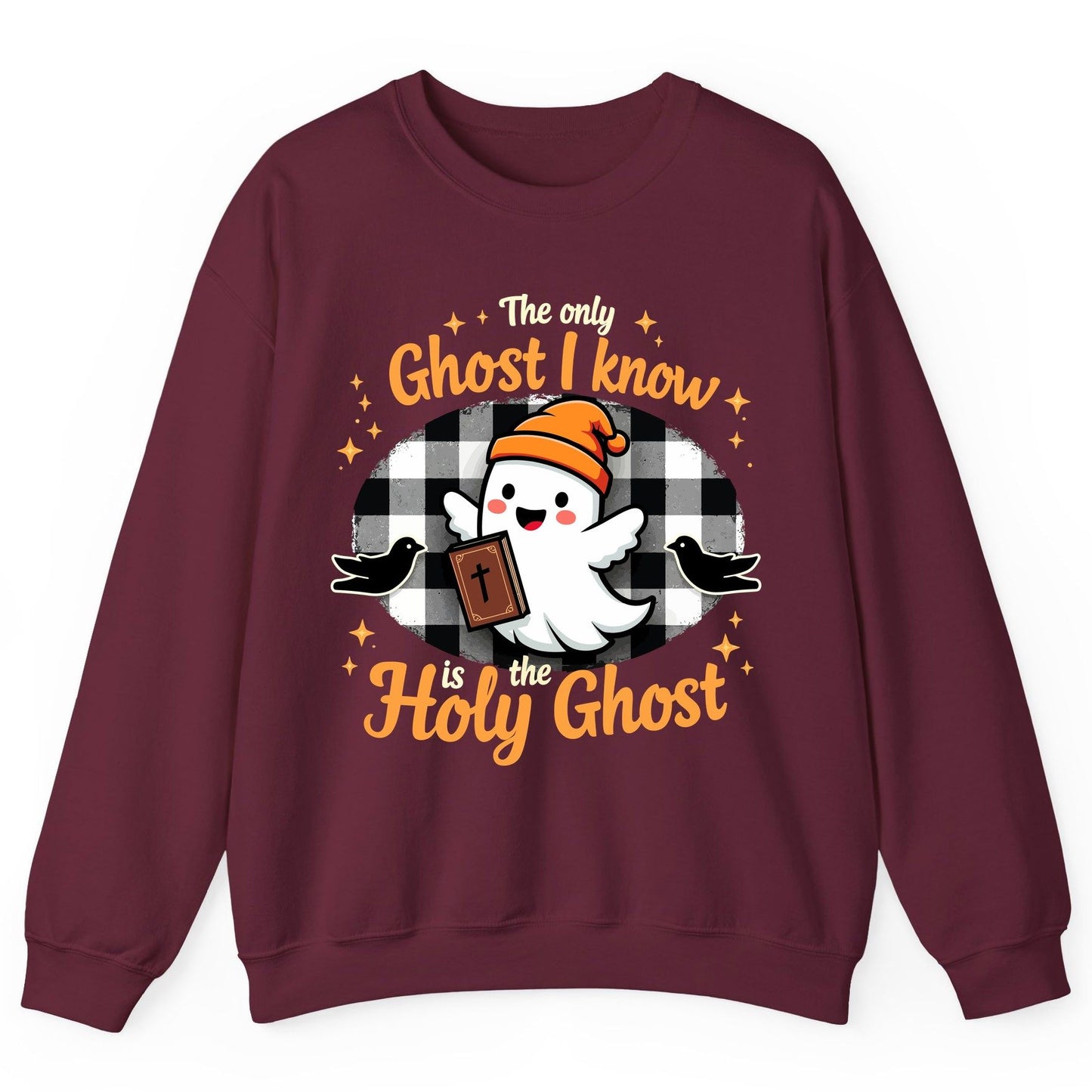 The Only Ghost I Know Is the Holy Ghost christian Halloween Sweatshirt Maroon product mockup