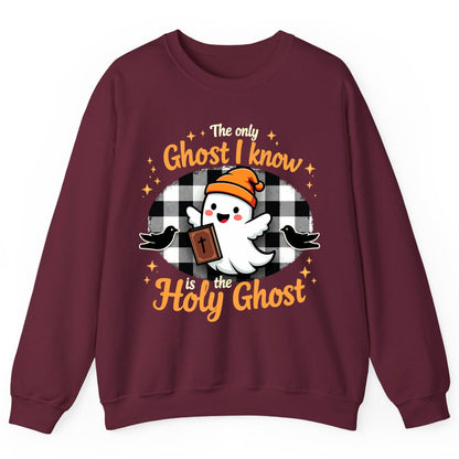 The Only Ghost I Know Is the Holy Ghost christian Halloween Sweatshirt Maroon product mockup