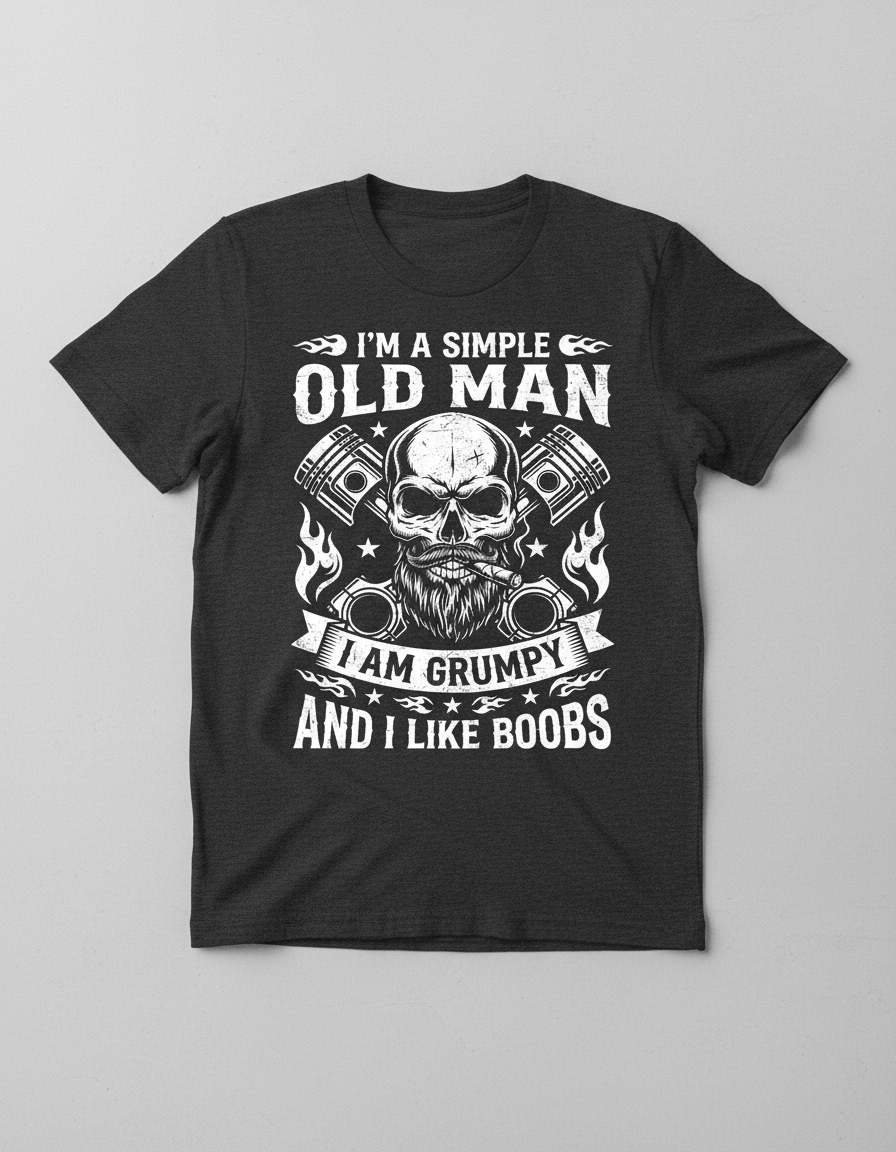 Grumpy Old Man Biker Skull and Pistons Funny Quote T-Shirt - Dark Heather